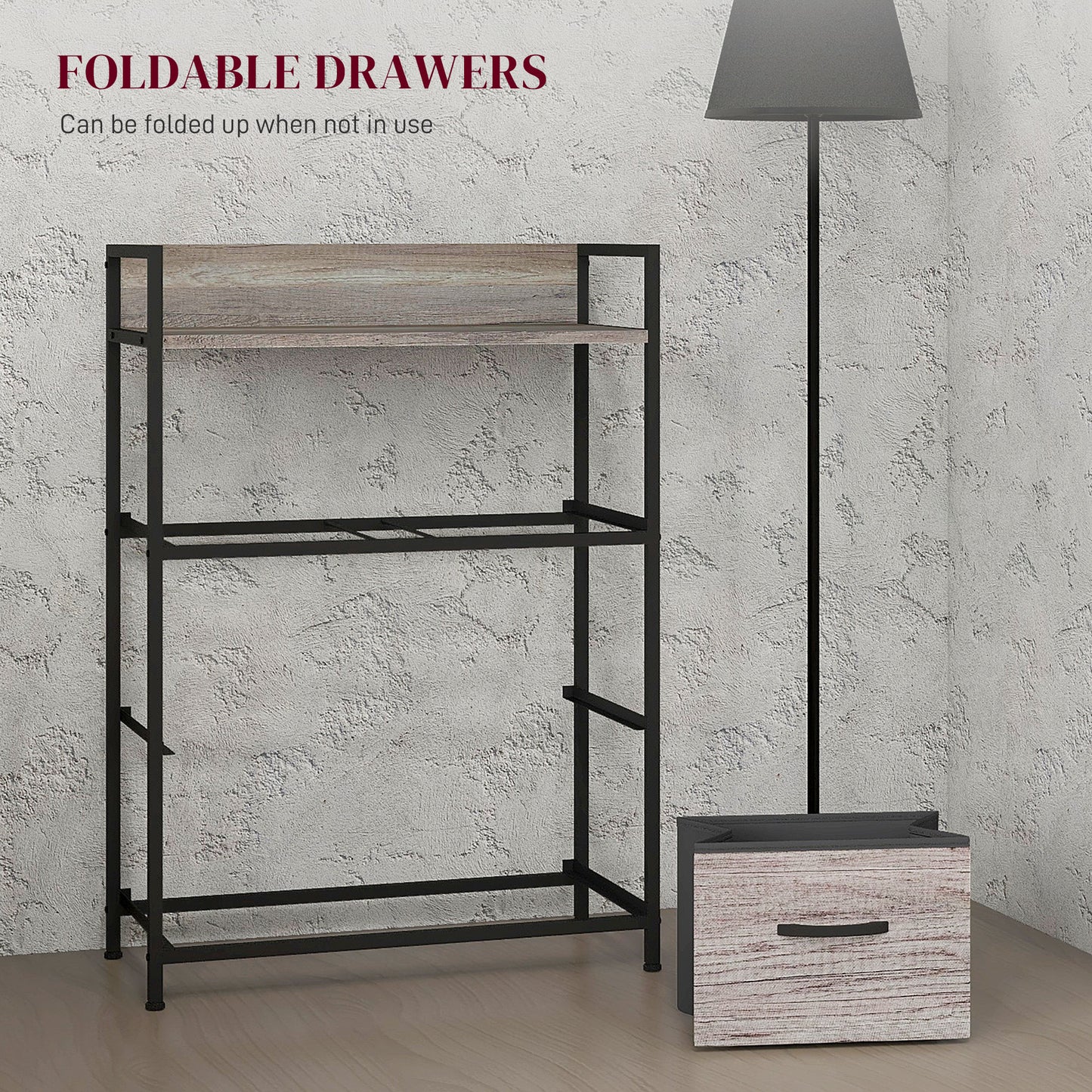 Retro Style Rustic Chest of Four Fabric Drawers - Grey Wood Effect