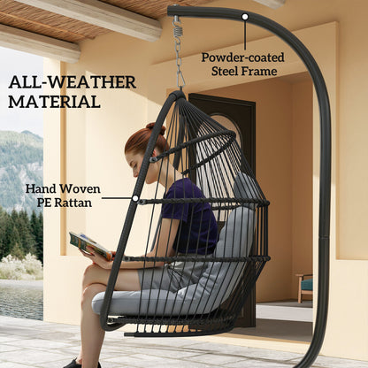 Outsunny Rattan Hanging Egg Chair with Stand, Foldable Wicker Swing Egg Chair with Cushion, Head Pillow, Steel Frame, Hammock Chair