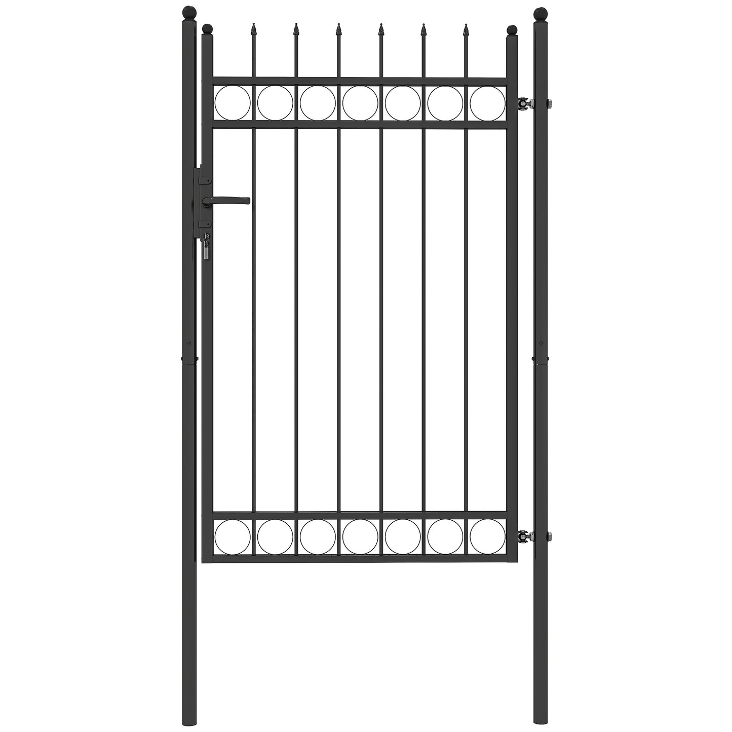 Galvanised Steel Garden Gate, Outdoor Fence Gate Security Barrier with Lock, Keys and Handle W/ Classic Finials, 105 x 204 cm, Black