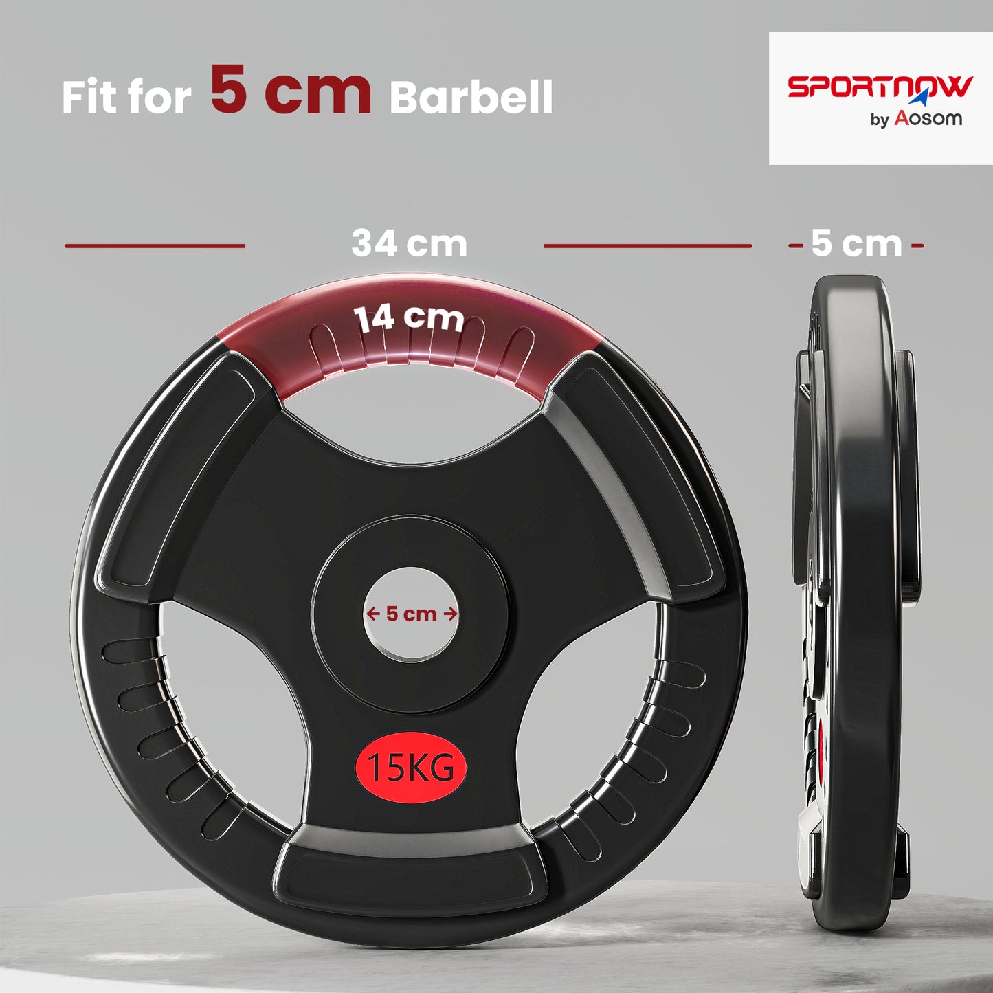 SPORTNOW Olympic Weight Plates, 2"/5cm Weight Disc Pair with Tri-Grips, 2 x 15kg Dumbbell Plates for Weightlifting and Strength Training Home Gym Fitness Workout, Black