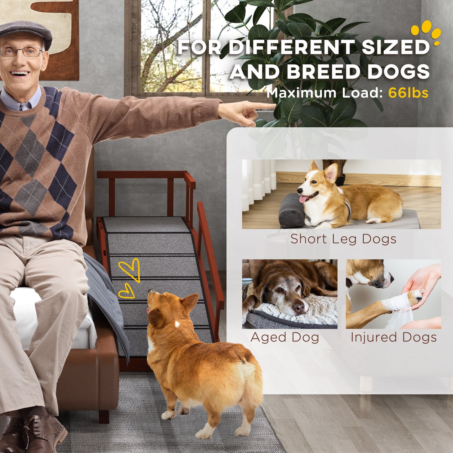 Wooden Dog & Cat Ramp | 3 Removable Guardrails | Non-Slip Carpet | 20° Gentle Slope | 125cm | 30kg | Brown