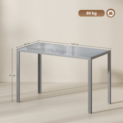 4-Seater Dining Table | 120cm | 6mm Tempered Glass Top | Powder-Coated Steel Legs | Floor Pads | 80kg | Grey