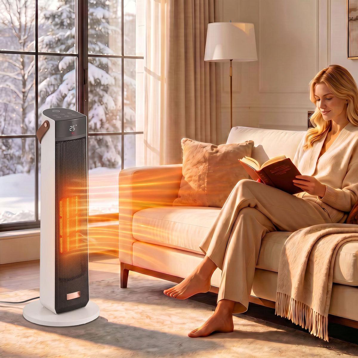 Beige 2000W Ceramic Tower Heater | LED Flame Effect & 70° Oscillation | ECO Mode, 20–40°C Thermostat | 12-Hour Timer & Remote