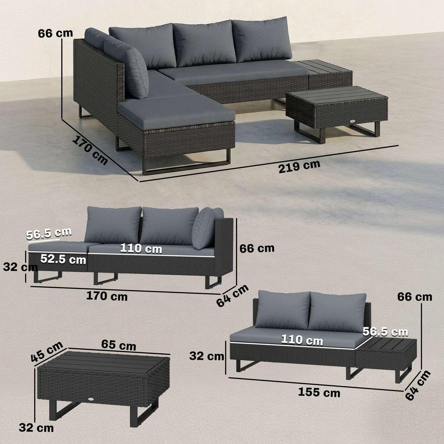 5 Seater L-Shaped Rattan Garden Corner Sofa Set | Adjustable Backrest & Chaise Lounge | Loveseat & Coffee Table | Zipped Cushion Covers | Powder-Coated Frame | 360kg Capacity | Dark Grey