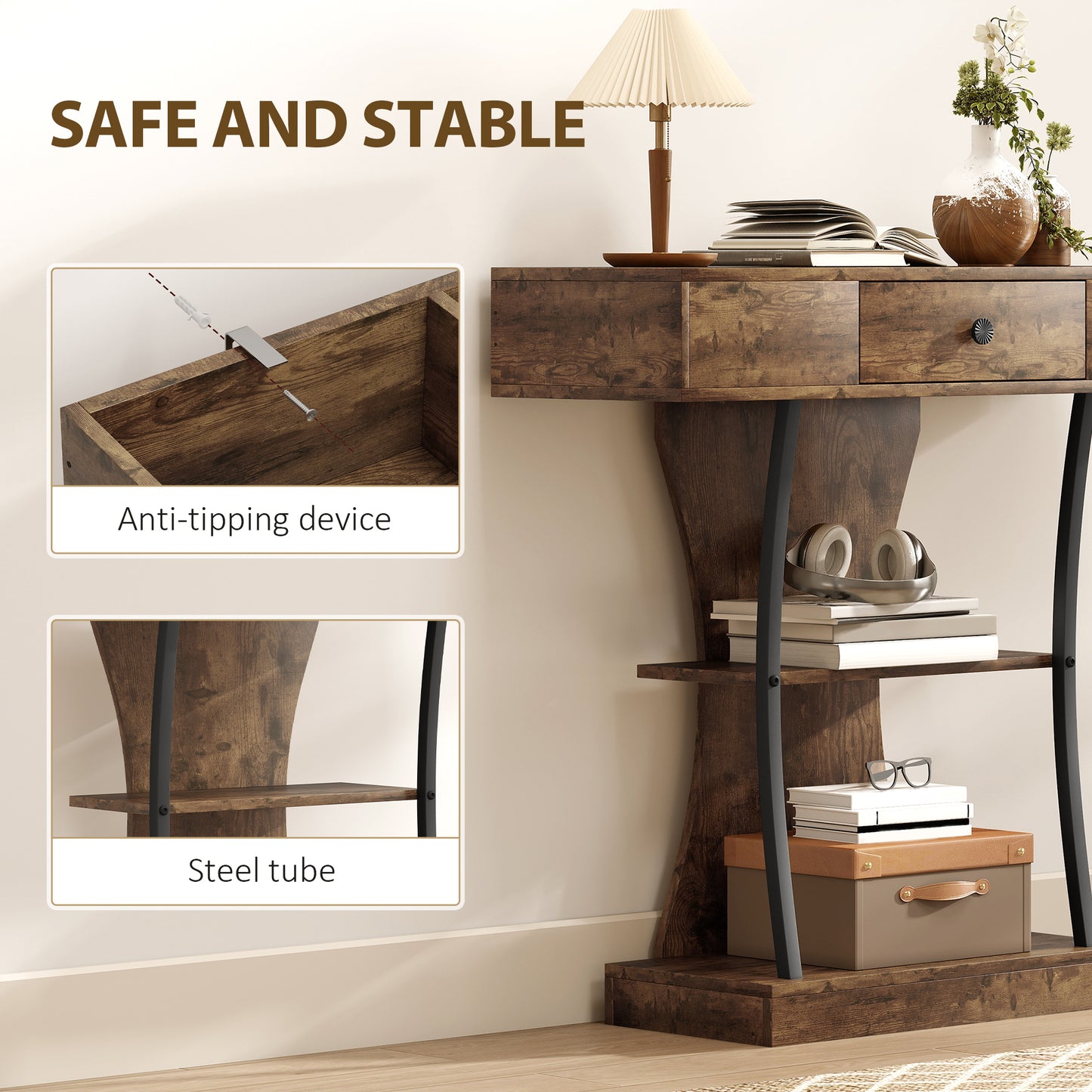 Industrial Console Table & Hallway Table | Drawer | 2 Open Shelves | Anti-Tip | 91x32x87cm | 45kg | Rustic Brown