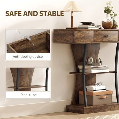 Industrial Console Table & Hallway Table | Drawer | 2 Open Shelves | Anti-Tip | 91x32x87cm | 45kg | Rustic Brown