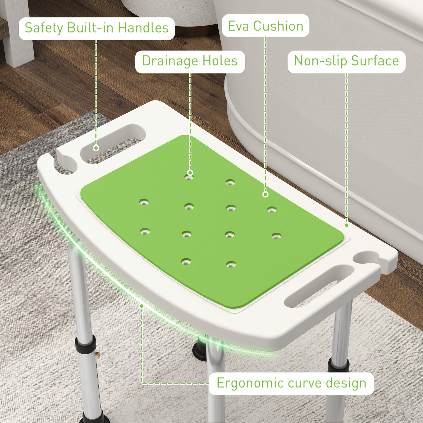 6-Level Height Adjustable Aluminium Bath Room Stool Chair Shower  w/ Padded Seat Drainage Holes Foot Pad, Green