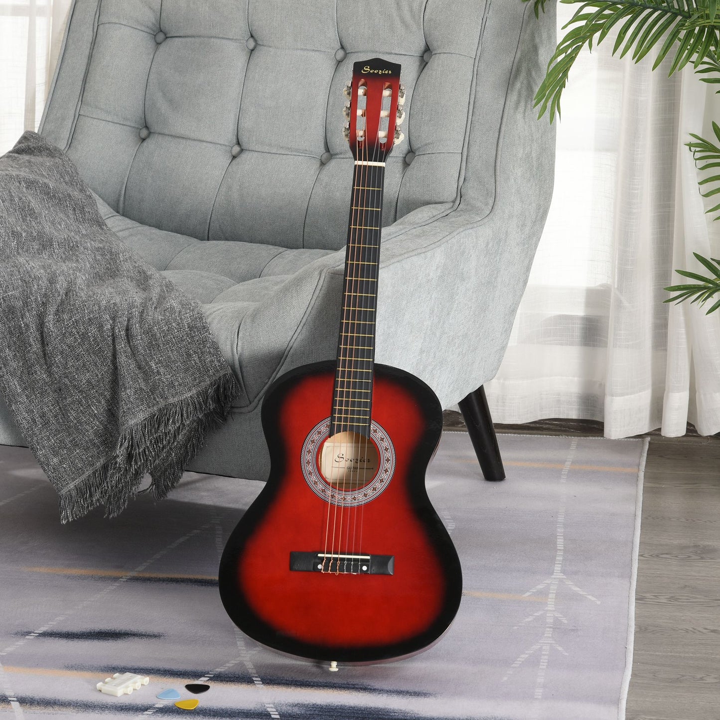 36" 3/4 Beginner Acoustic Guitar Set, with Protective Case, Red