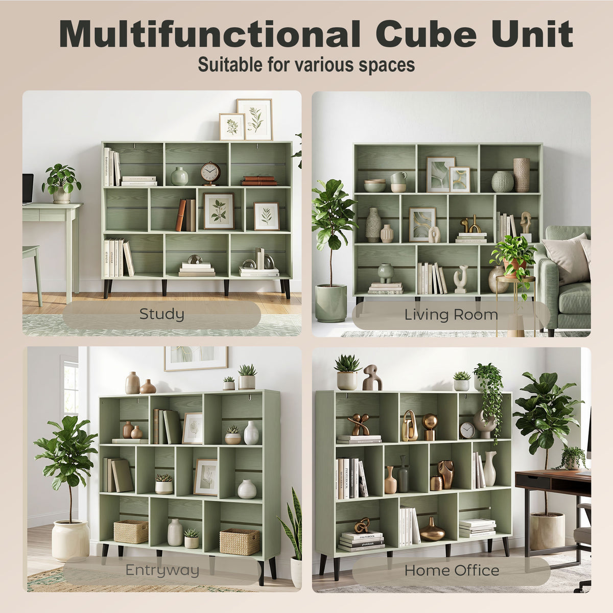 Cube Bookcase | 10-Cube Light Green & White 3-Tier Open Storage Shelf with Pine Legs