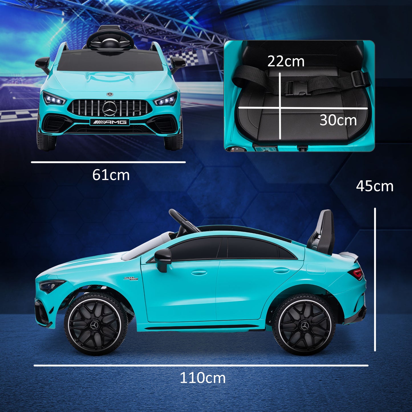 Mercedes-AMG CLA 45 Licensed 12V Kids Electric Car Ride on Car w/ Remote, Suspension Lights Music Horn - Light Blue / White / Yellow