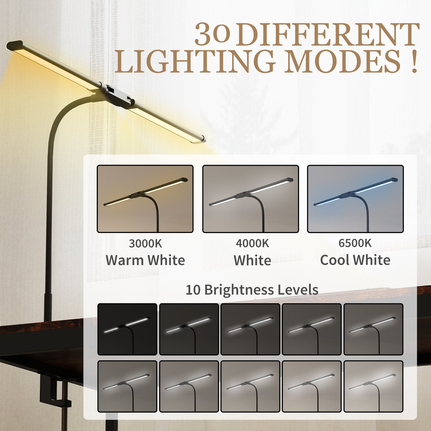 LED Desk Lamp with Clamp, Double Head Table Lamp with 3 Colour Modes & 10 Brightness Levels, Flexible Gooseneck Reading Desk Light for Study, Office, Work, Black