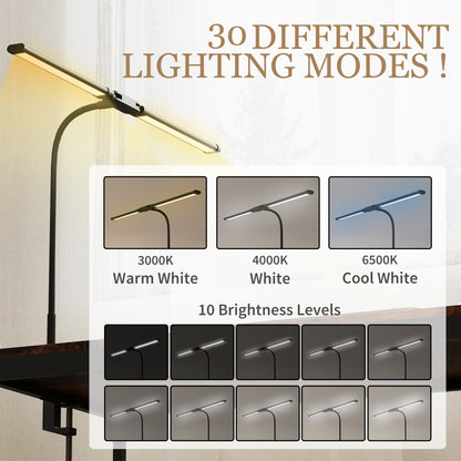 LED Desk Lamp with Clamp, Double Head Table Lamp with 3 Colour Modes & 10 Brightness Levels, Flexible Gooseneck Reading Desk Light for Study, Office, Work, Black