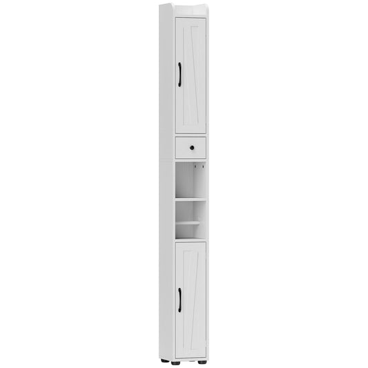 Tall Bathroom Cabinet, Farmhouse Slim Bathroom Storage Cabinet with Barn Doors, Toilet Paper Roll Holder, Drawer and Adjustable Shelves, Narrow Bathroom Storage Unit, 20 x 20 x 185cm, White