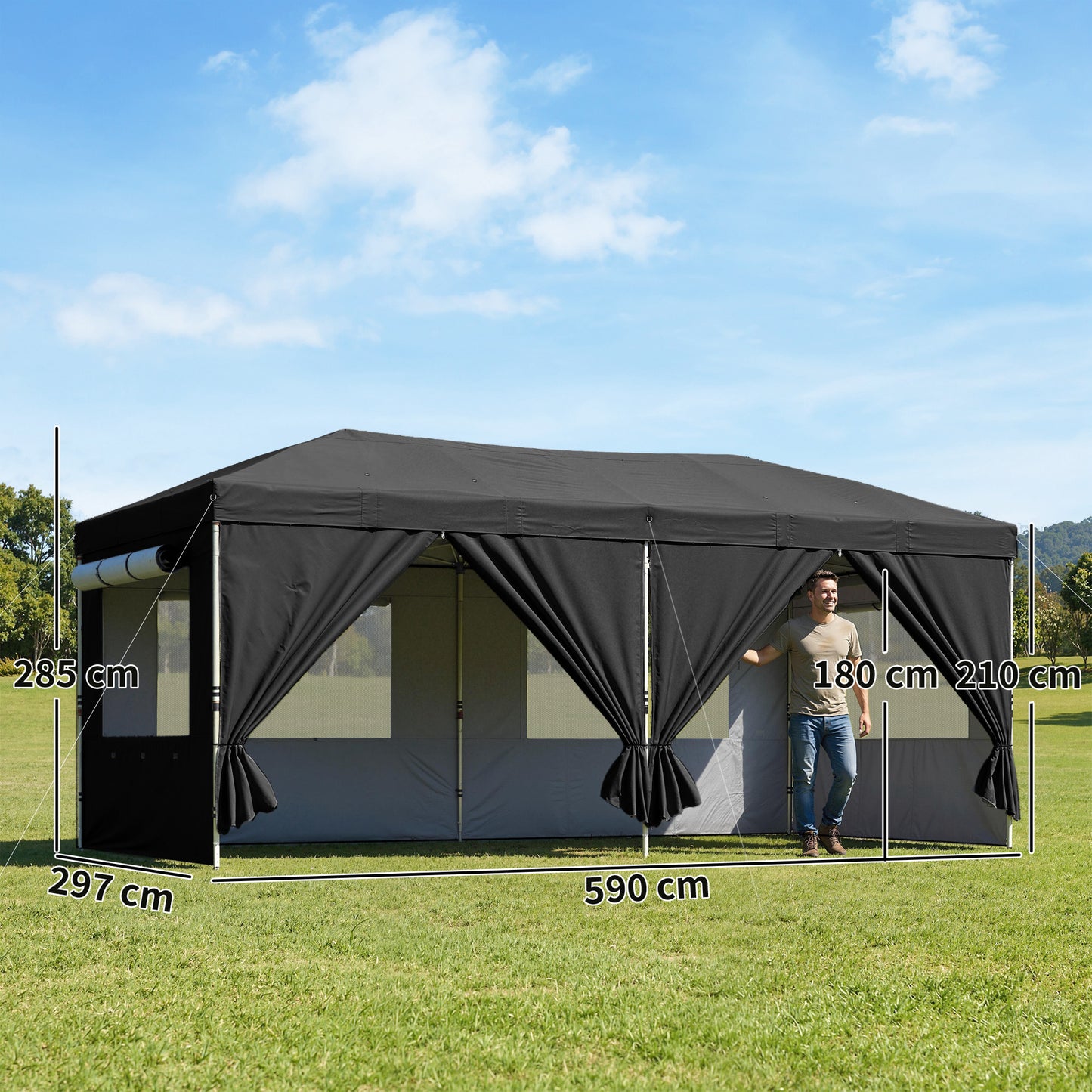 3x6m Pop-Up Canopy Gazebo | 17.5m² Coverage | 210D Silver-Coated UPF50+ Oxford Fabric | 6 Detachable Sidewalls | 3-Level Height Adjustment | 12 Drainage Holes | 18 Stakes & 6 Guy Ropes | Wheeled Carry Bag | Black