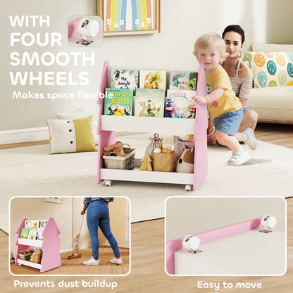 AIYAPLAY Kids Bookshelf with Toy Storage, Double-Sided Bookcase with Wheels, 3 Tier Kids Book Rack for Bedroom, Pink