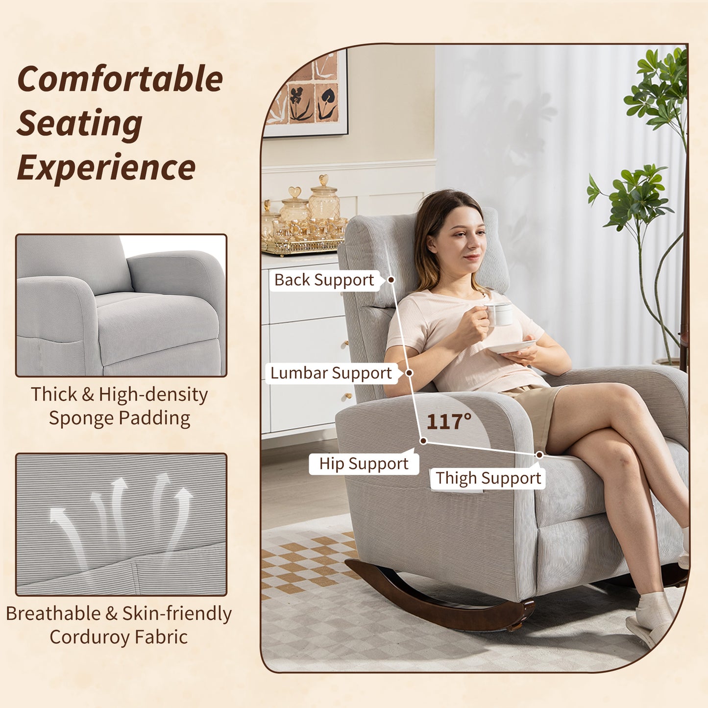 Corduroy Rocking Armchair - Grey / Beige