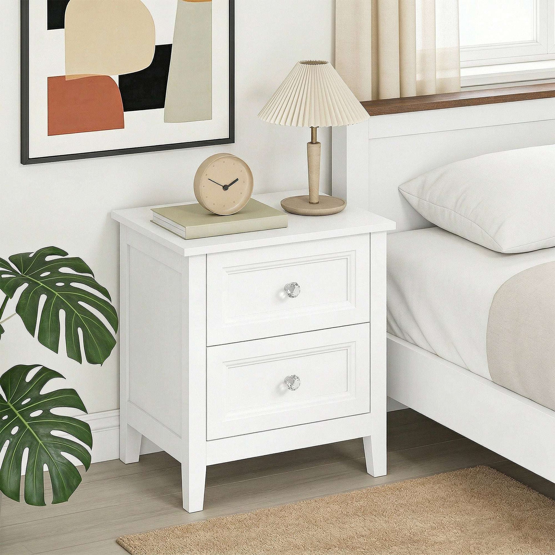 2-Drawer Bedside Table Nightstand | Crystal-Like Handles | Smooth Metal Rails | MDF | 30kg Total 10kg Top 10kg Per Drawer | 45x35x50cm | White