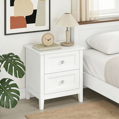 2-Drawer Bedside Table Nightstand | Crystal-Like Handles | Smooth Metal Rails | MDF | 30kg Total 10kg Top 10kg Per Drawer | 45x35x50cm | White