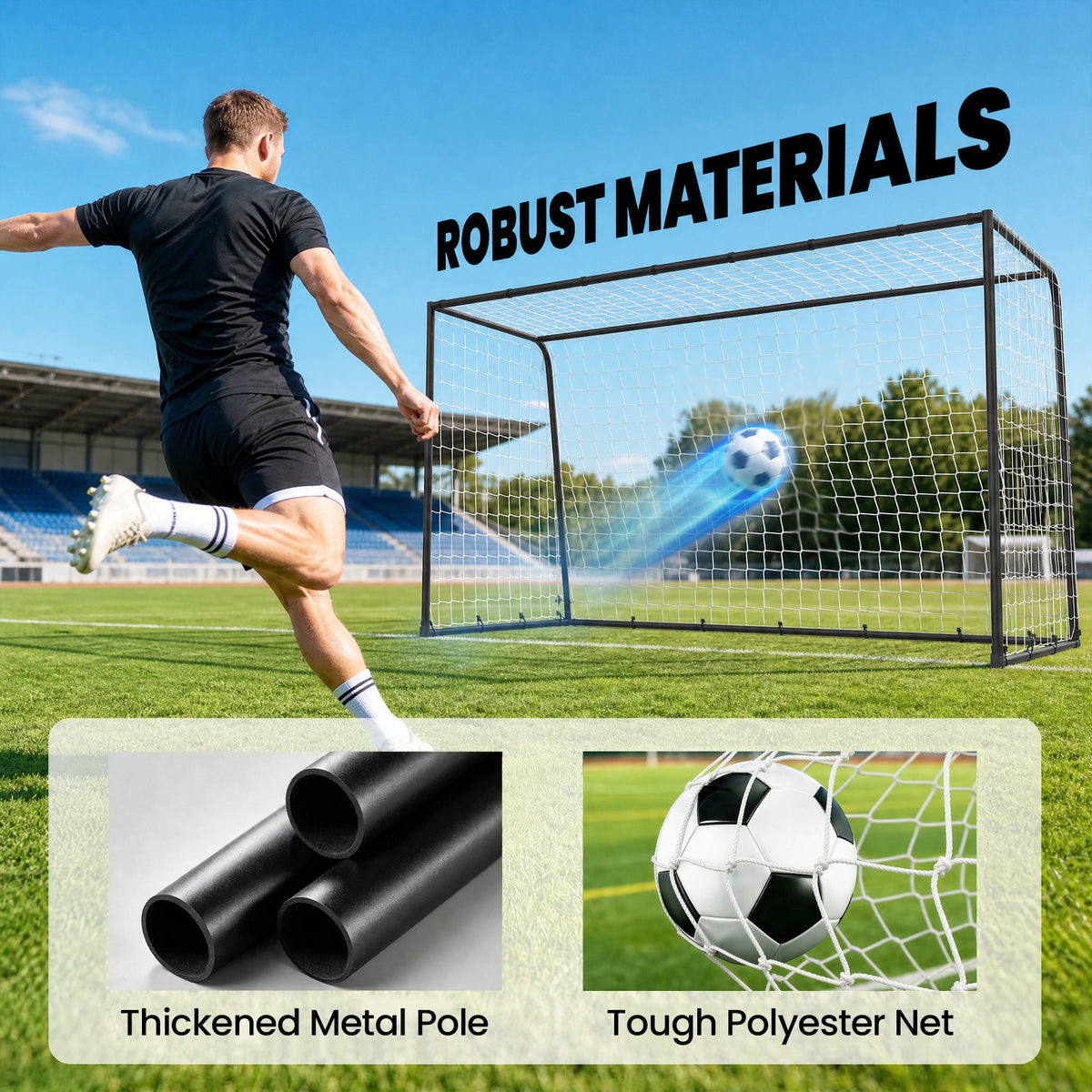 10 x 6.5ft Football Goal | 300x152x200cm | 32mm Painted Metal Frame | Polyester Net 300x280cm | 10x10cm Mesh | 36 Bungee Cords | 4 U-Stakes | Outdoor Garden | Age 5+ | Black