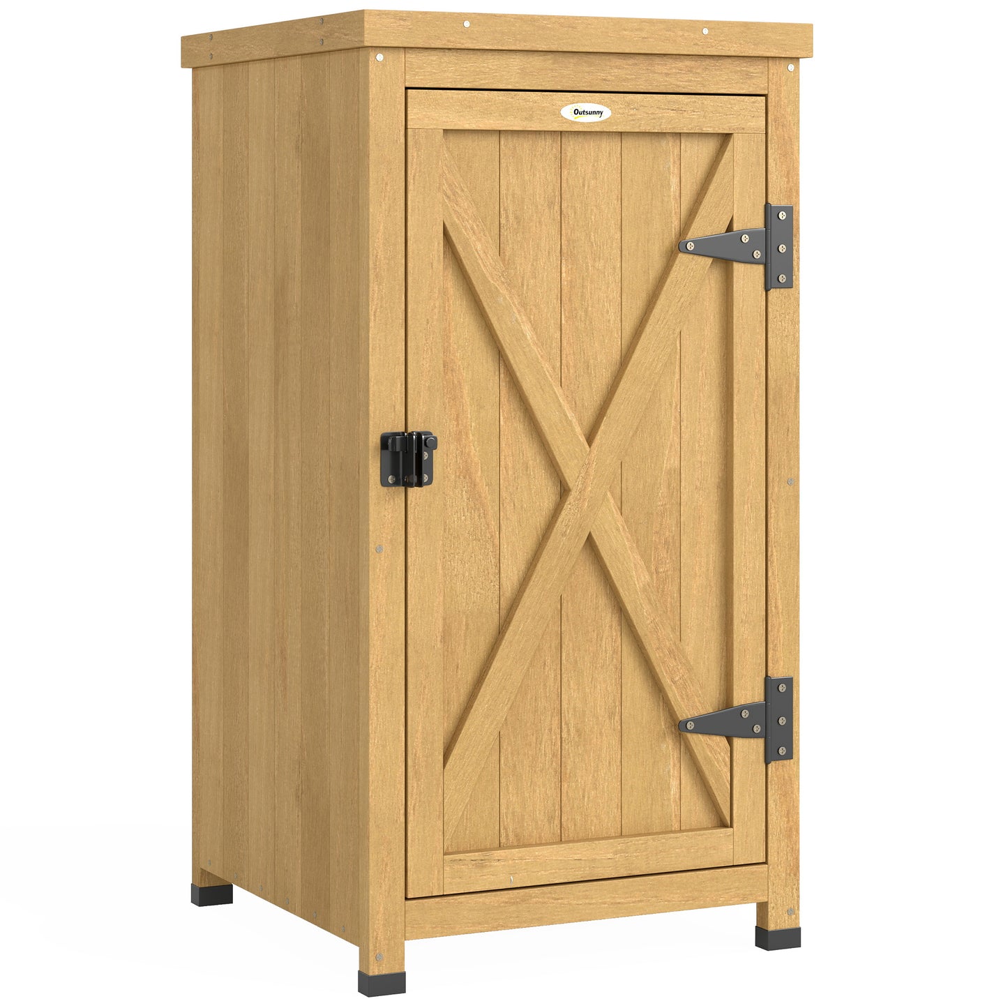 Compact Fir Wood Garden Storage Cupboard | Galvanised Metal Top | 2-Tier Shelf | Metal Clasp Door | 7.5cm Raised Feet | 45x45x85cm | Patio & Balcony | Light Brown