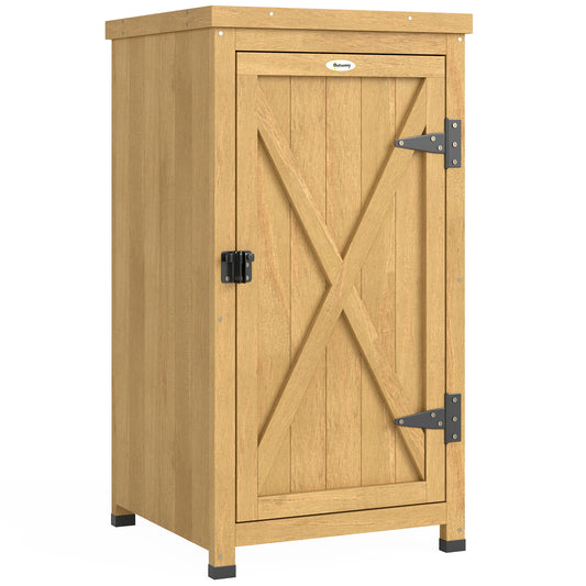 Compact Fir Wood Garden Storage Cupboard | Galvanised Metal Top | 2-Tier Shelf | Metal Clasp Door | 7.5cm Raised Feet | 45x45x85cm | Patio & Balcony | Light Brown