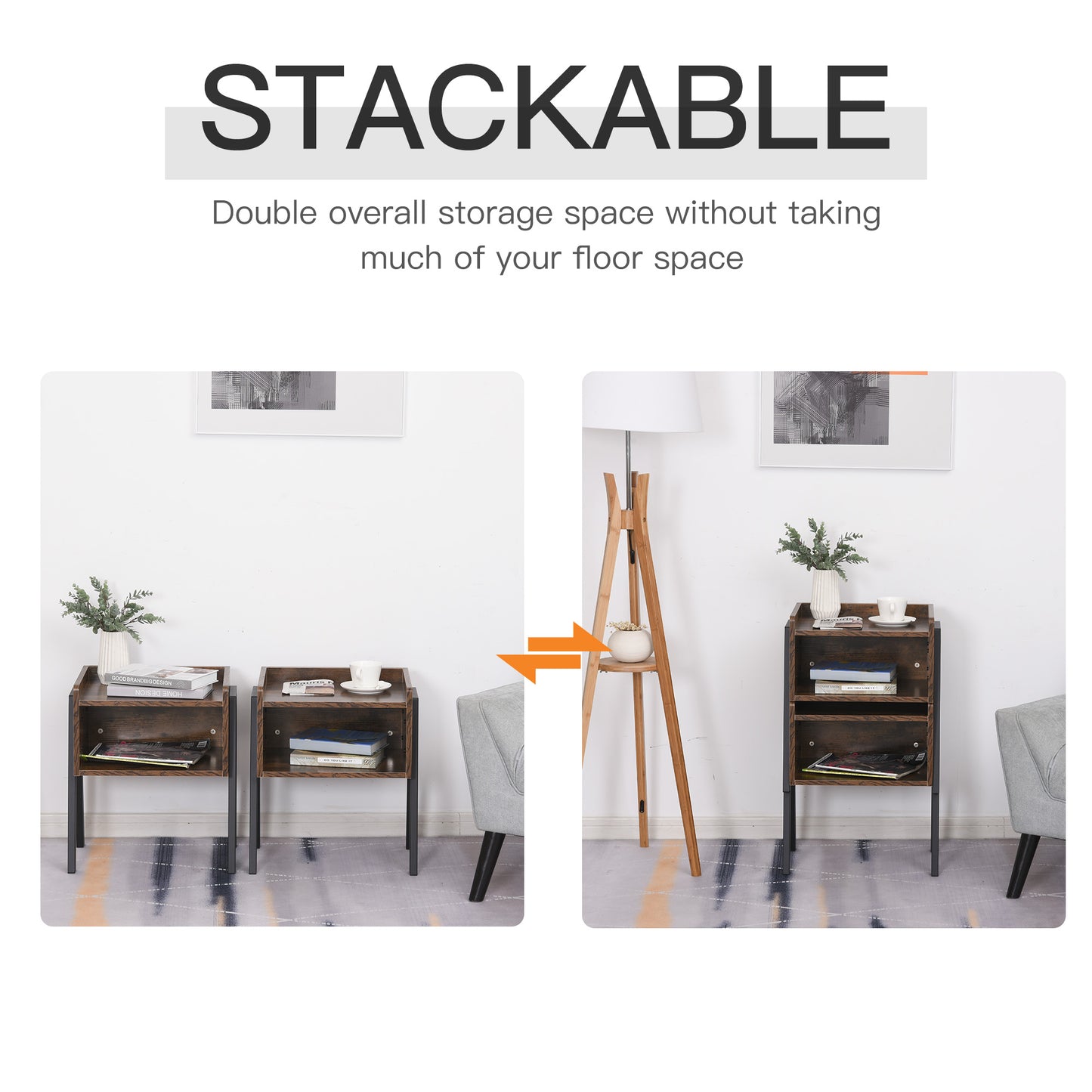 Set Of 2 Industrial Stacking Retro Style Side Tables Stacking Duo w/ Compartment Shelf Steel Frame Stylish Unique End Bed Tables Home Furniture