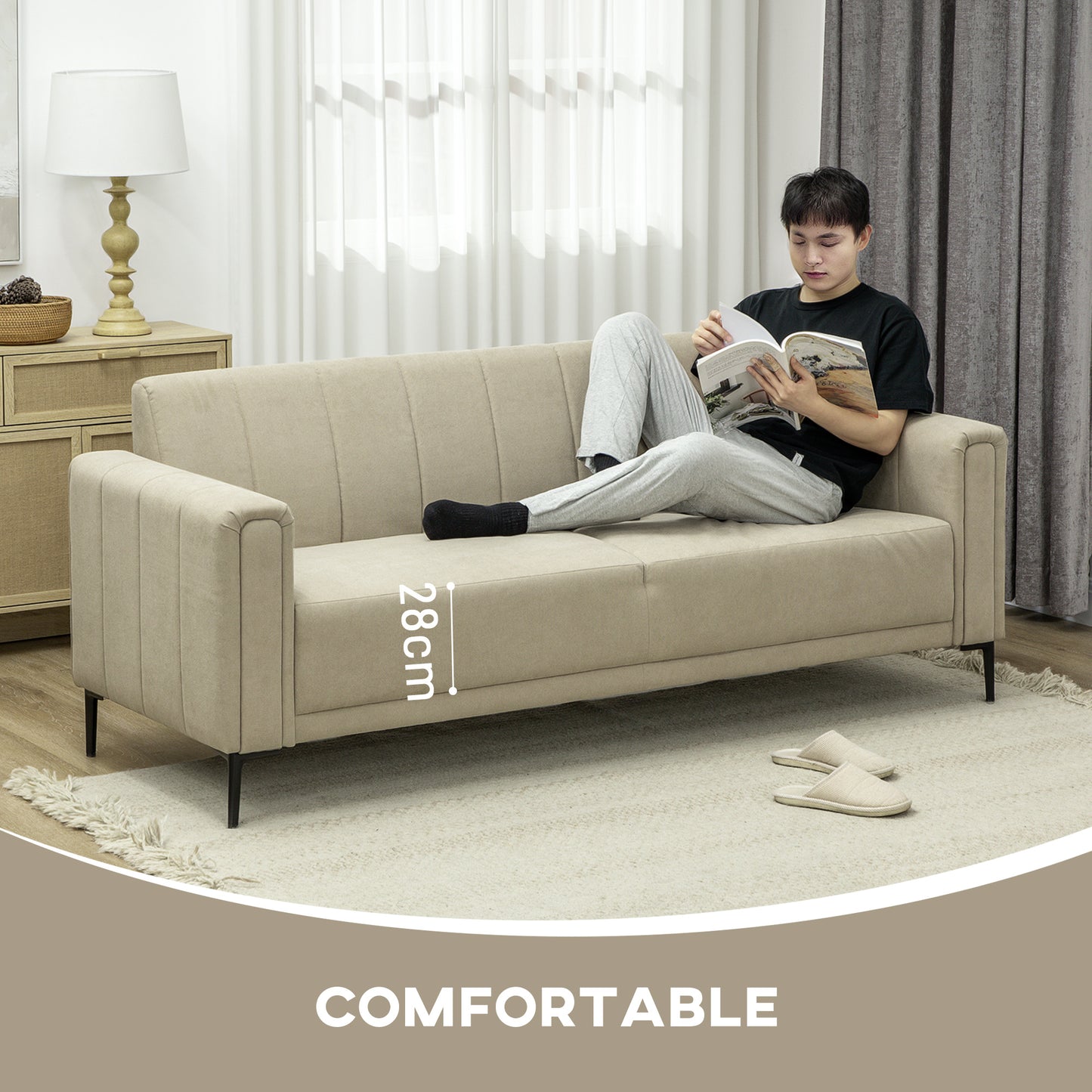 3 Seater Sofa, Modern Fabric Sofa Couch, Channel Tufted Upholstered Sofa Settee for Living Room, Guest Room, Bedroom, Home Office