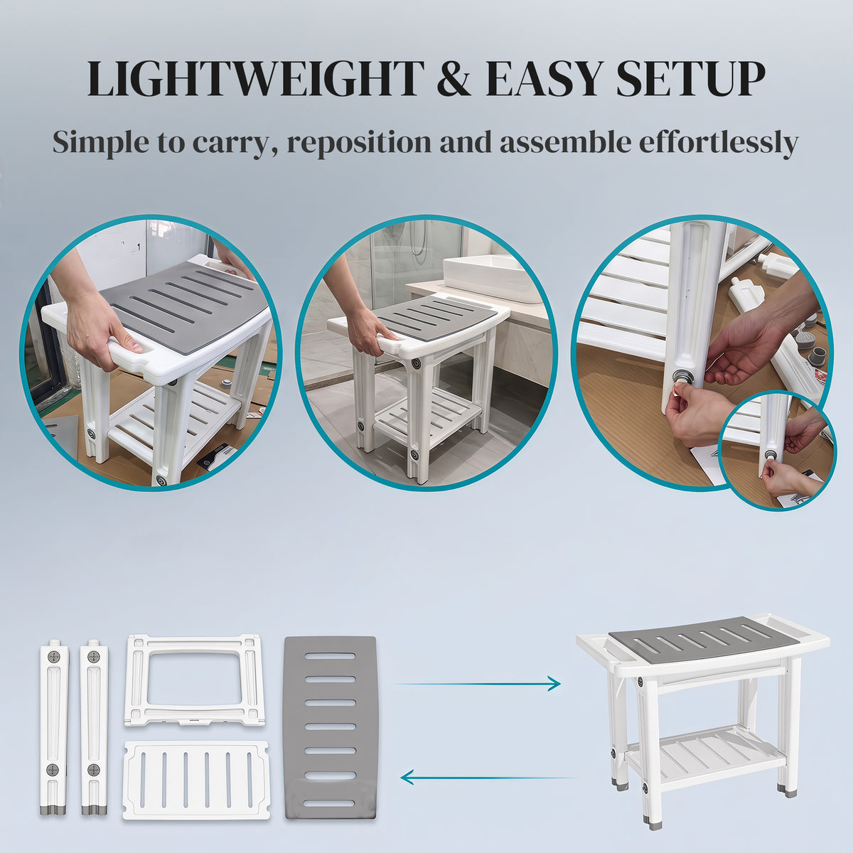 2-Tier Shower Bench & Stool | HDPE | EVA Seat Pad | Built-In Shelf & Shower Holder | 120kg | 55.5x31.5x46.5cm | White & Grey