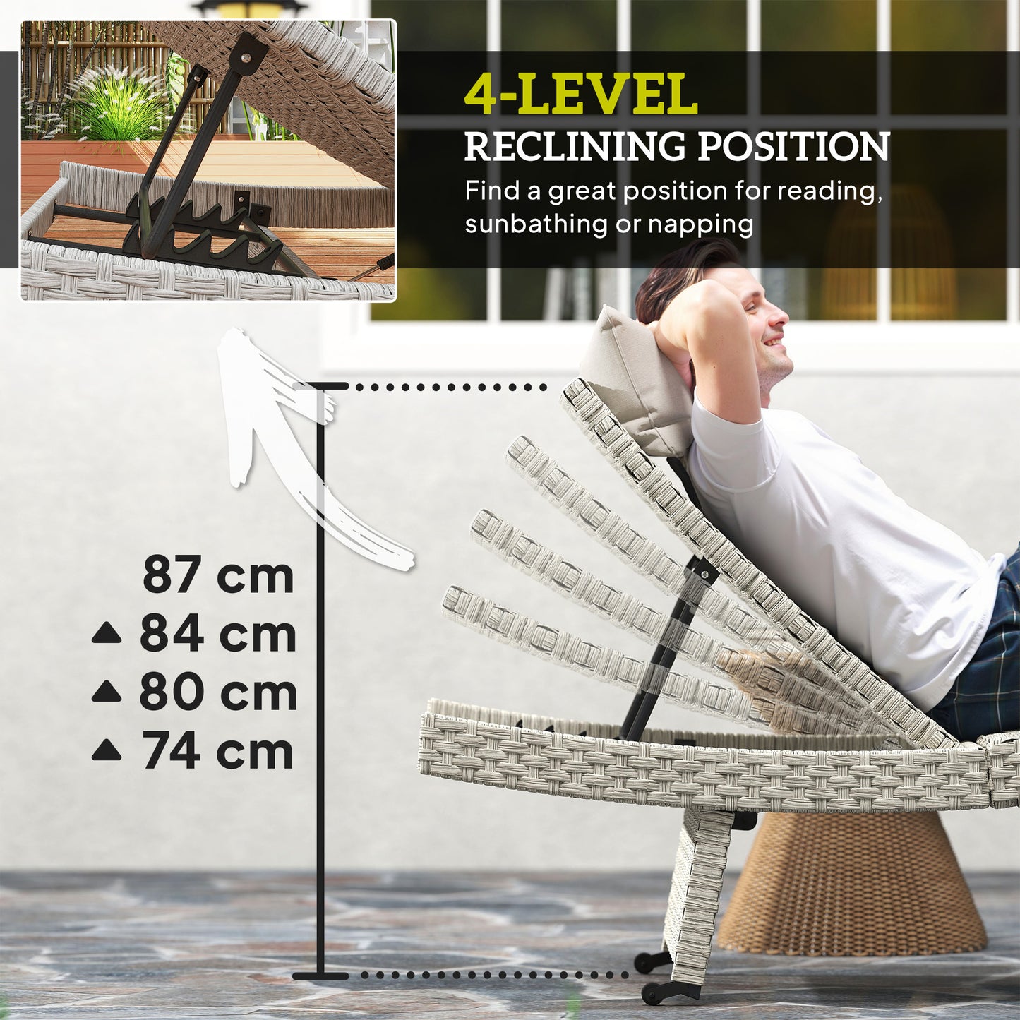 Outdoor PE Rattan Sun Lounger, Folding Wicker Garden Lounger Recliner with 4-Level Adjustable Backrest, Rolling Sunbed Lounge Chair with Wheels