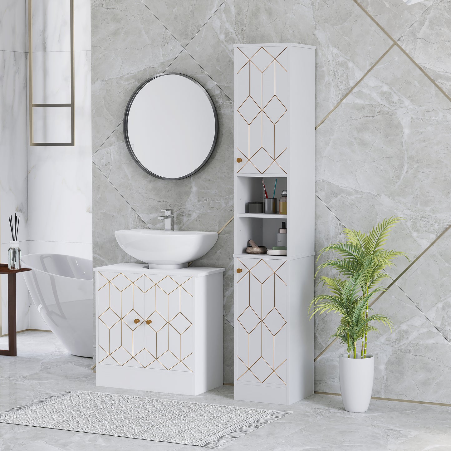Tall Bathroom Storage Cabinet with Doors | Slim Freestanding | Adjustable Shelves | Gold Tone Handles | White