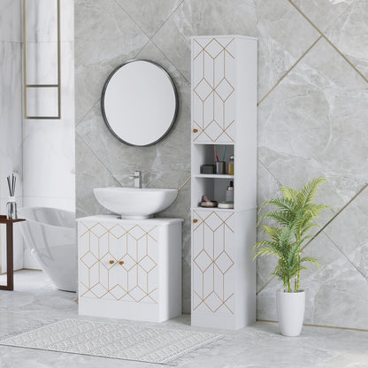 Tall Bathroom Storage Cabinet with Doors | Slim Freestanding | Adjustable Shelves | Gold Tone Handles | White