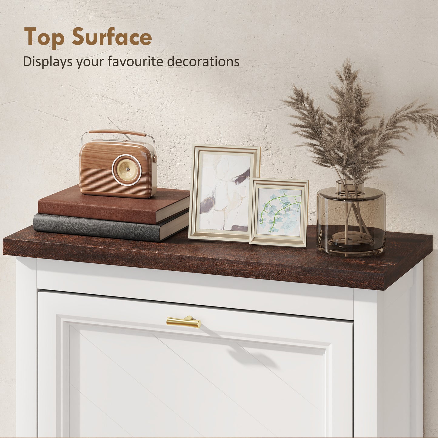 Farmhouse Narrow Shoe Cabinet | 2 Flip Drawers | Gold Handles | White | 96.7cm