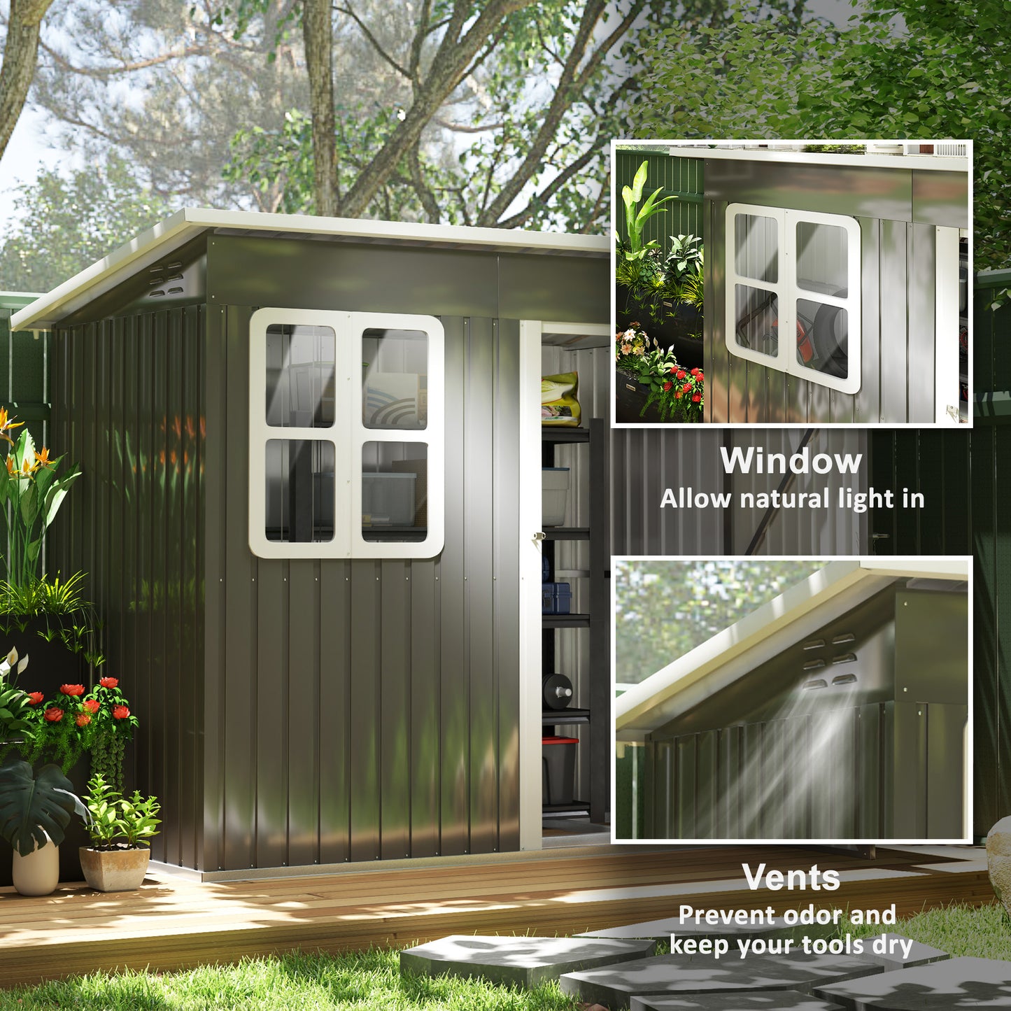 7 x 4ft Storage Shed Galvanised Steel Garden Shed, Metal Shed with Foundation Kit, Window, Lockable Wide Door and Air Vents for Outdoor Patio