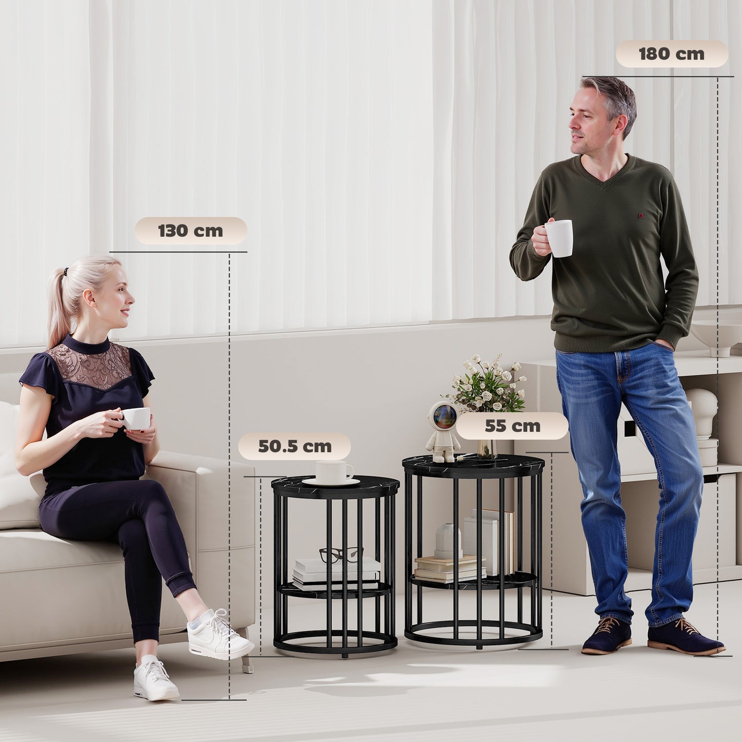 Set of 2 Marble-Effect Nest of Coffee Tables | 2-Tier Each | Adjustable Feet | Steel Frame | 45kg | Use Together or Separately | Black