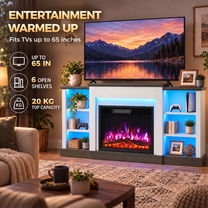 138cm Electric Fireplace TV Stand | 6 Shelves, RGB LED Lighting & 12 Flame Colours | 900/1800W, Thermostat, Remote & Timer | White/Dark Brown