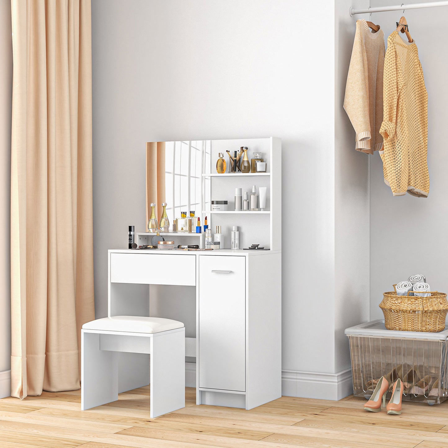 Dressing Table with Mirror and Stool, Vanity Table, Modern Makeup Desk with Drawer, Storage Cabinet and Adjustable Shelf for Bedroom, White