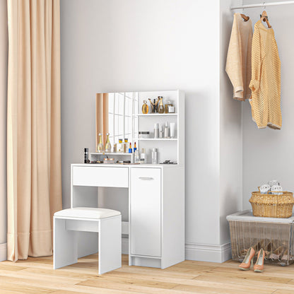 Dressing Table with Mirror and Stool, Vanity Table, Modern Makeup Desk with Drawer, Storage Cabinet and Adjustable Shelf for Bedroom, White