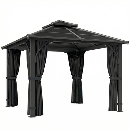 Outsunny 2.5 x 2.5 m Hardtop Gazebo Canopy with 7mm PC Roof, Garden Gazebo Permanent Pavilion with Netting, Curtains, Dark Grey