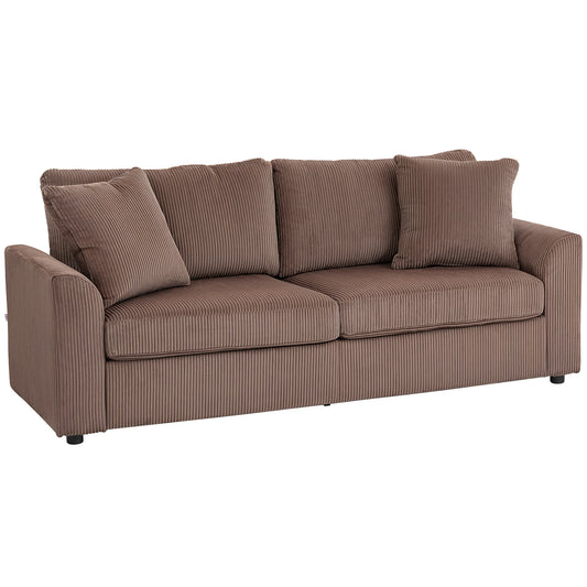 Modern 3 Seater Sofa with Spring Cushion, 212 cm Fabric Jumbo Cord Sofa Couch with 2 Scatter Cushions, Upholstered Corduroy Settee, Coffee
