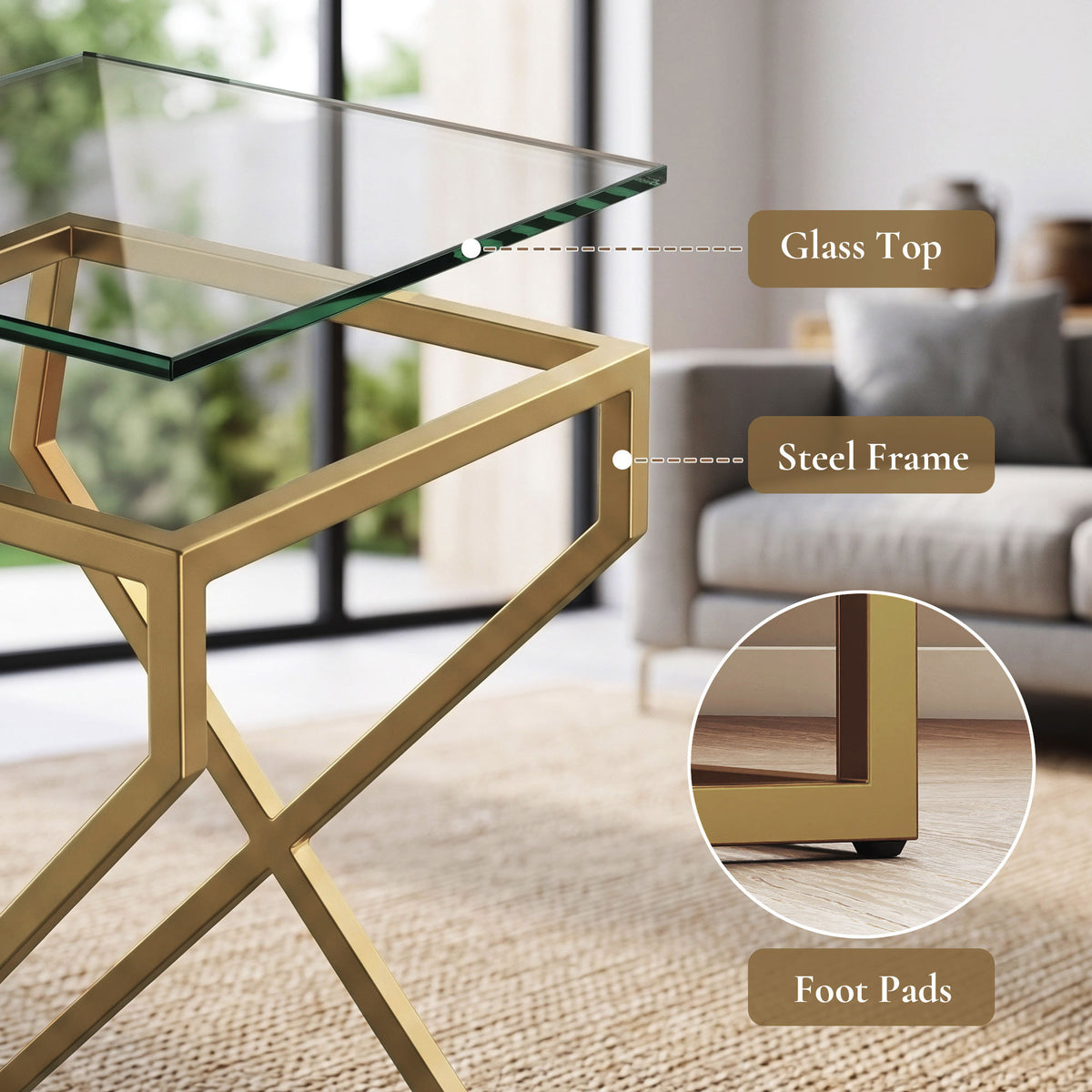 Nest of 2 Tables | Tempered Glass Tops | Gold-Tone Steel Tube Frame | Nesting Design | Adjustable Foot Pads | Large 40x40x55cm Small 35x35x50cm | 20kg Capacity | Transparent & Gold
