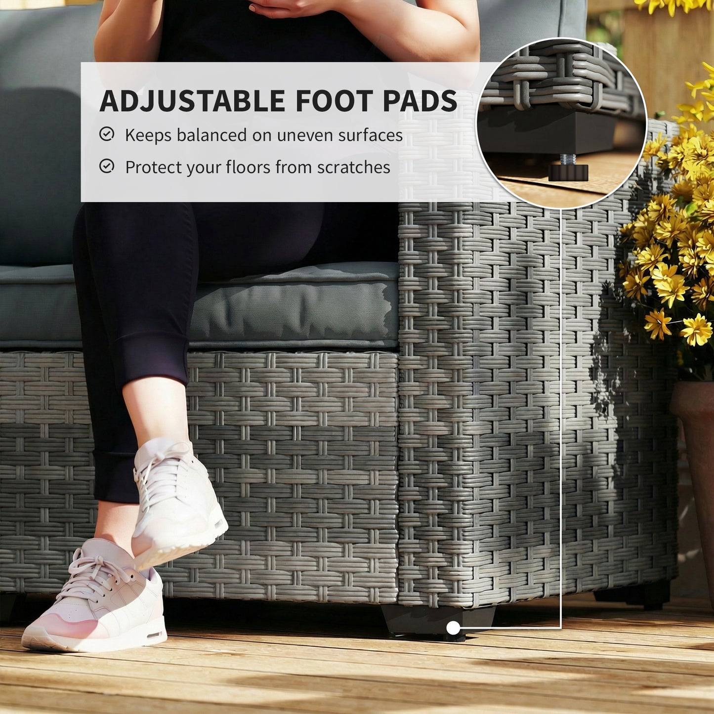 2-Seater PE Rattan Garden Sofa | 60cm Deep Seat | 8cm Seat & 15cm Back Cushions | Wide Armrests | Powder-Coated Steel Frame | Adjustable Foot Pads | 240kg Capacity | 128x68x71cm | Mixed Grey