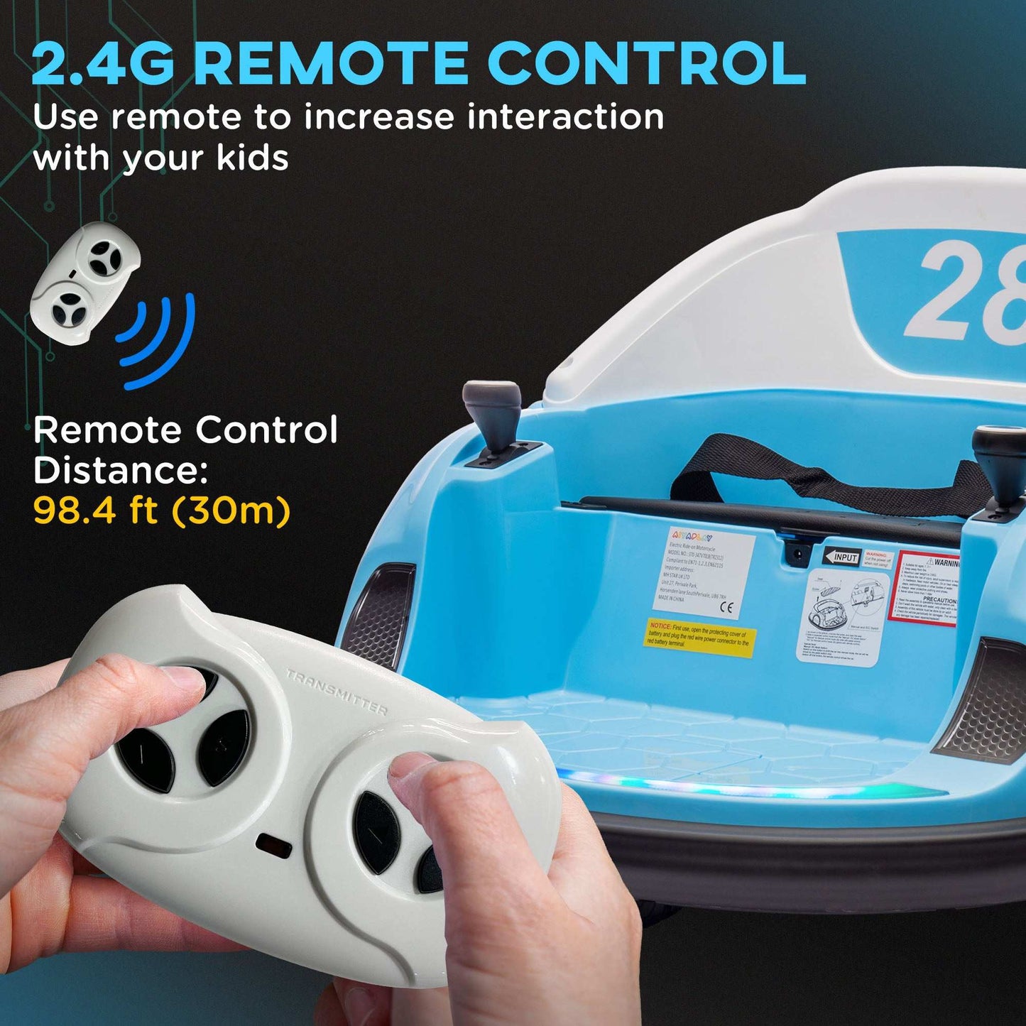 AIYAPLAY 360° Rotation Kids Bumper Car, 12V Waltzer Car with Remote Control, Dual Joysticks, Music Lights