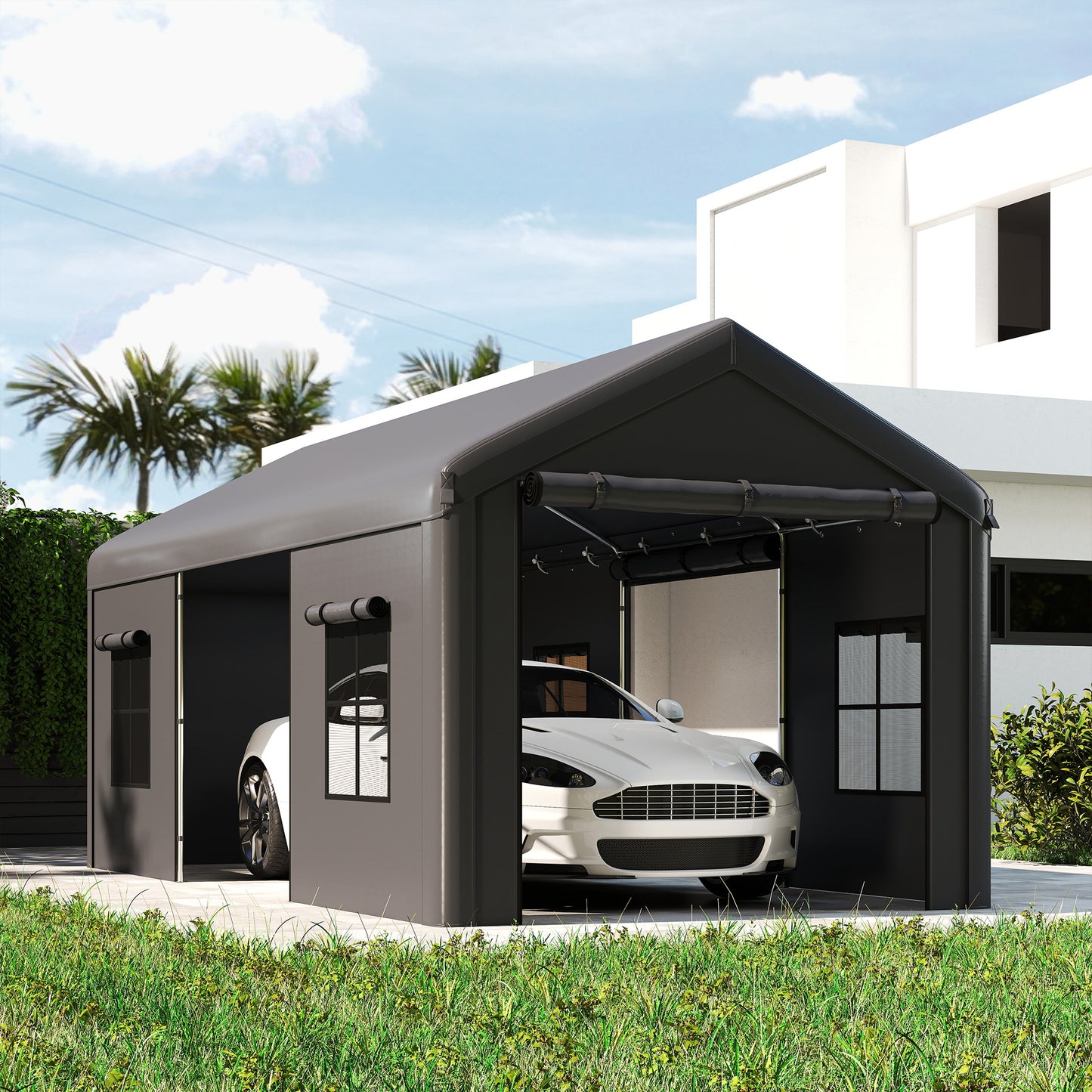 3x6m Heavy Duty Carport | Portable Garage | UPF30+ PE Cover | Galvanised Frame | Zipped Doors | Mesh Windows | Wind Level 5-6 | Dark Grey