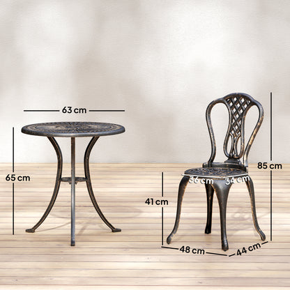 3 Piece Cast Aluminium Garden Bistro Set | Round Table Dia 63cm | Umbrella Hole | 2 Chairs | Rust Proof | Vintage Design | 120kg | Bronze Tone
