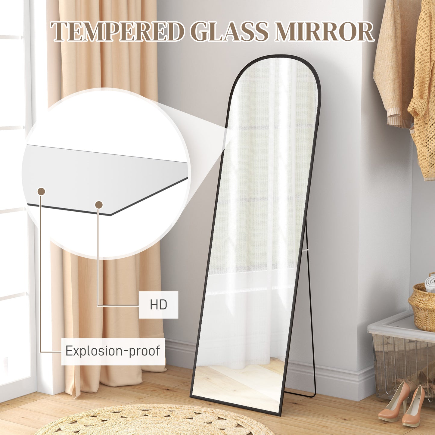 Full Length Mirror, 162x50cm Arched Free Standing Floor Mirror with Aluminium Alloy Frame, Hanging or Leaning for Living Room, Bedroom, Black Frame
