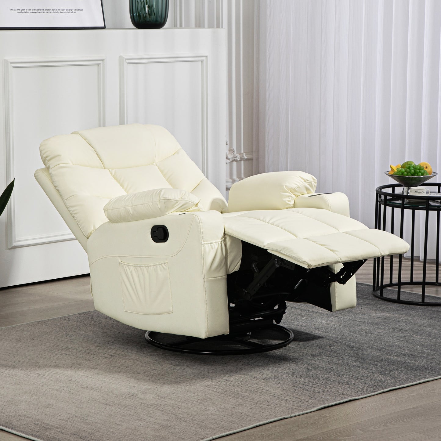 Manual Reclining Chair, Recliner Armchair with Swivel, Faux Leather, Footrest, Cup Holders, 86x93x102cm, Cream
