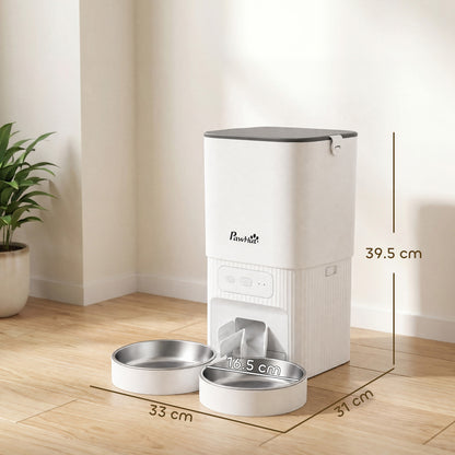 PawHut 7L Automatic Cat & Small Dog Feeder | Tuya App, 2.4GHz & 5GHz Wi-Fi | Dual Bowls, 15 Meals a Day & Battery Backup | White