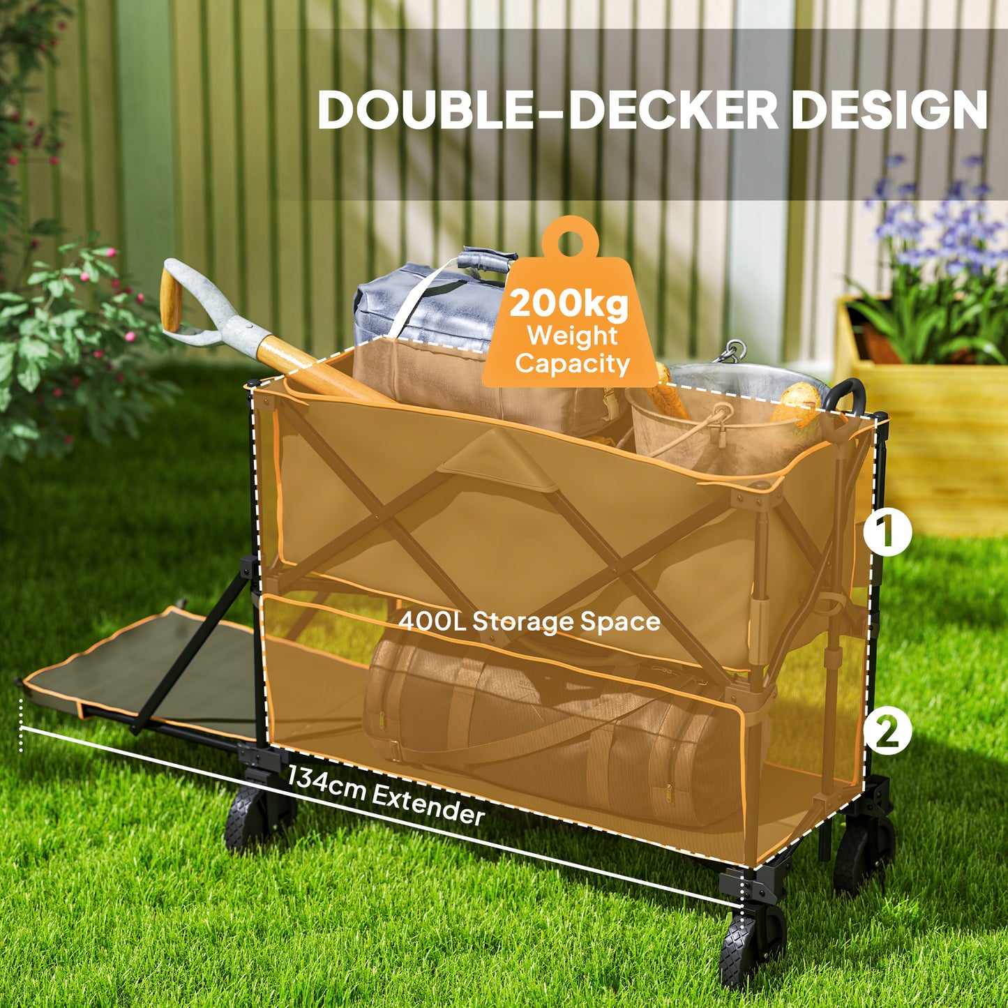 Double Decker Folding Trolley on Wheels, 200KG & 350L Capacity Collapsible Wagon Festival Trolley Cart For Camping Sports Shopping Garden and Beach