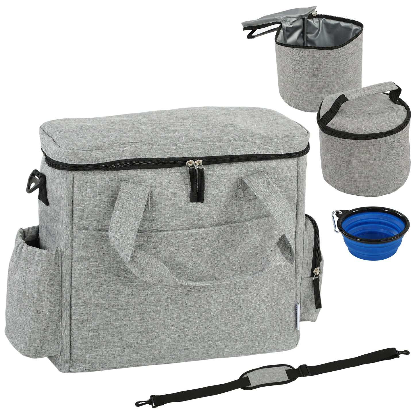 Pet Travel Bag | 2 Insulated Food Containers | Collapsible Bowl | Multiple Pockets | Waterproof 300D Fabric | Adjustable Shoulder Strap | Dogs & Cats | 38 x 17 x 35cm | Light Grey