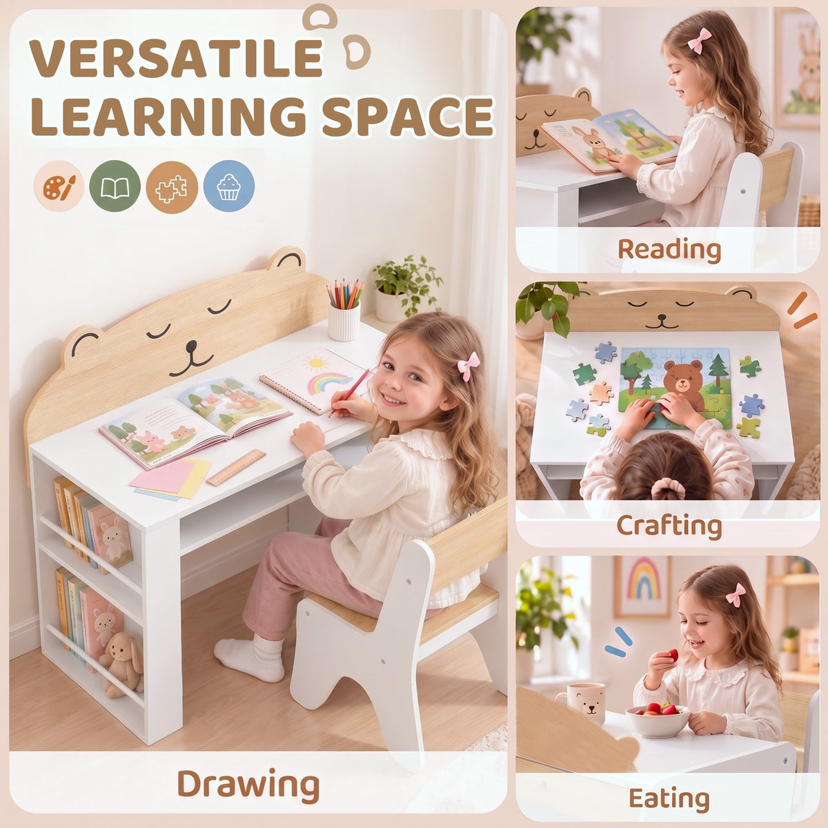 AIYAPLAY Kids Desk & Chair Set | White & Wood-Grain Bear Design | 80cm Tabletop, Side Bookshelves & Open Storage | Ages 3–8